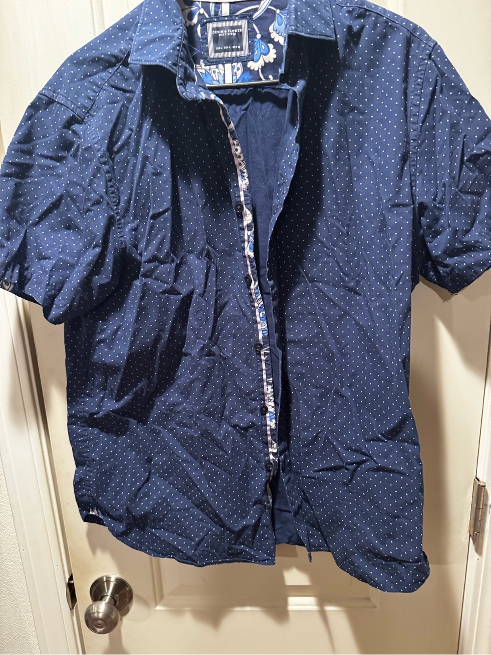 Denim & Flower Navy Short-Sleeve Dot-Print Button Shirt